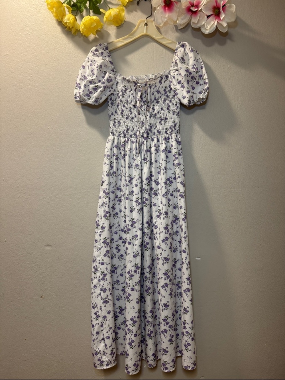 Girls White & Lavender Floral Smocked Maxi Dress
